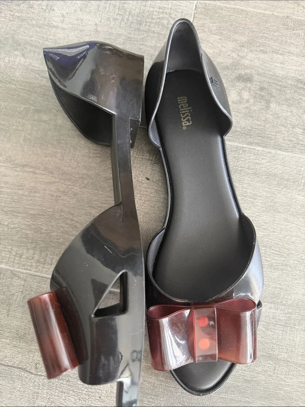 Melissa Black D'Orsay Flats with Burgundy Bow Accent